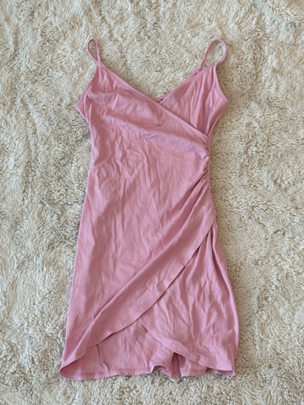 Pink Ribbed Wrap-Front Slip Dress